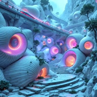 The primary subject of the image is a series of white, round, and oddly shaped structures, which appear to be part of a futuristic cityscape. The setting is a mountainous area with a bridge connecting the structures. The visual style is digital art, and the dominant colors are white and purple. The overall atmosphere is surreal and intriguing, with a sense of wonder and exploration.